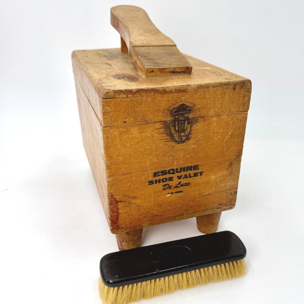 Vintage Esquire Shoe Valet De Luxe Wooden Shoe Shine Box with Brush Dovetail